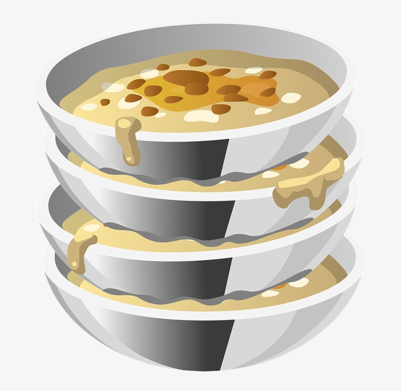 Stack of four white bowls filled with creamy soup topped with beans and dollops of cream, with overflow dripping down the sides.