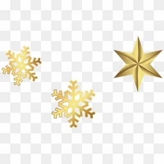 Three golden holiday ornaments: two snowflakes and one star, on transparent background.