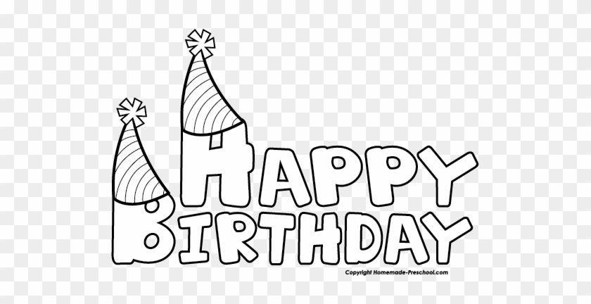 Black-and-white line drawing of "Happy Birthday" text with two party hats, ready for coloring.
