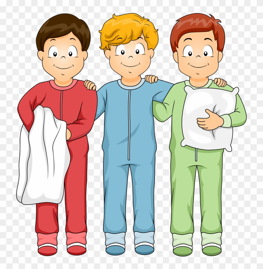 Three smiling boys in colorful pajamas standing together, one holding a towel, one with arms around friends, one hugging a pillow.
