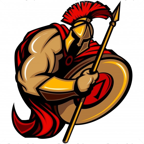 Muscular Spartan warrior in red plume helmet, holding spear and shield with Greek lambda symbol.