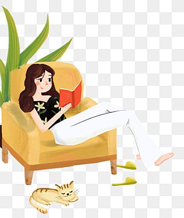 Woman relaxing in yellow armchair reading a red book, with a sleeping cat and green plant nearby.