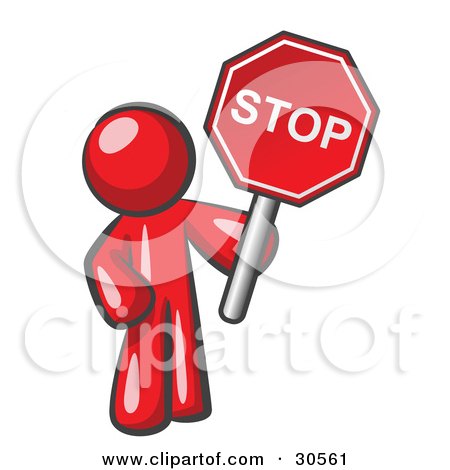 Red cartoon figure holding a stop sign, symbolizing halt, warning, or traffic control.