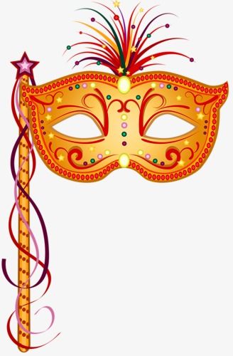 Ornate golden carnival mask with red and yellow feathers, decorative swirls, beads, and a star-topped ribbon handle.