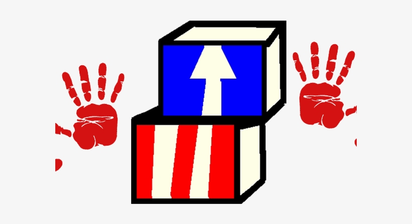 Two stacked blocks with American flag colors and an upward arrow, flanked by red handprints symbolizing protest or civic action.