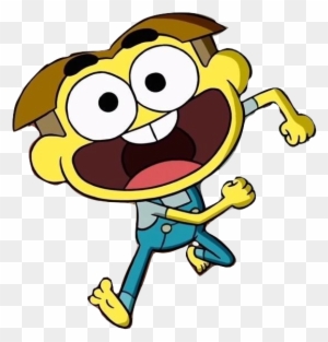 A cheerful yellow cartoon boy with brown hair, wide eyes, and a big smile, running energetically in blue overalls.