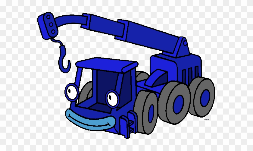 Blue cartoon crane truck with friendly face, large eyes, smiling mouth, and extended boom with hook.