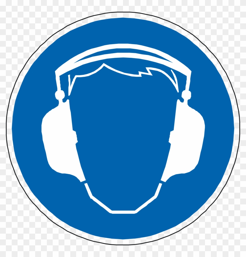 Blue circular safety sign showing a white silhouette of a person wearing over-ear hearing protection headphones.