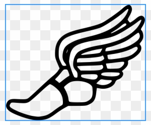 Black-and-white line drawing of a winged foot, symbolizing speed or messenger themes like Hermes or Nike.
