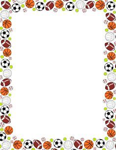 Decorative border featuring colorful sports balls including soccer, basketball, football, baseball, and volleyball.