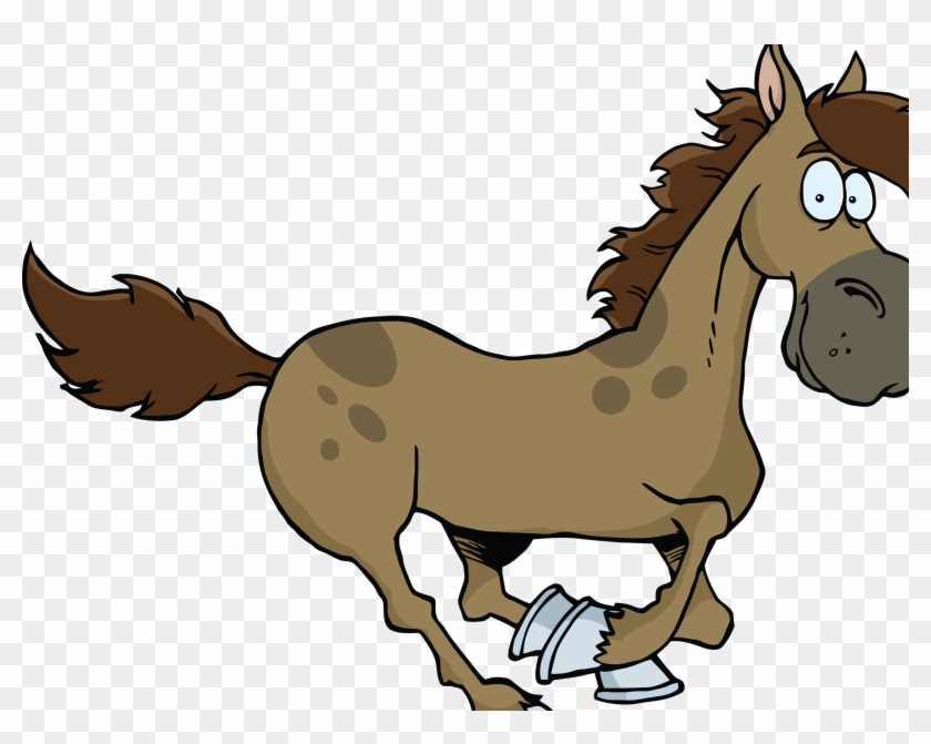 Cartoon horse with brown coat and spots, wearing broken silver horseshoes, running with surprised expression.