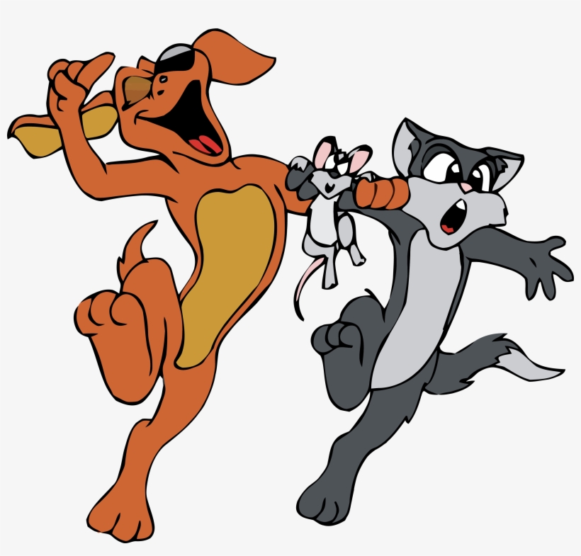 A cartoon dog joyfully chases a startled gray cat while holding a mouse in its mouth.