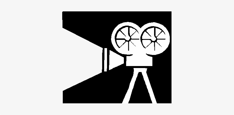 Vintage film projector icon with two reels and beam of light, stylized in black and white.