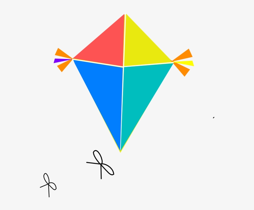 Colorful diamond-shaped kite with red, yellow, blue, and teal panels and multicolored tassels at the corners.
