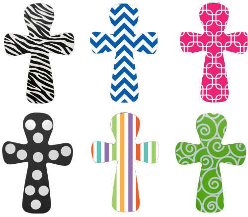 Six decorative cross designs with zebra, chevron, geometric, polka dot, striped, and swirl patterns in vibrant colors.