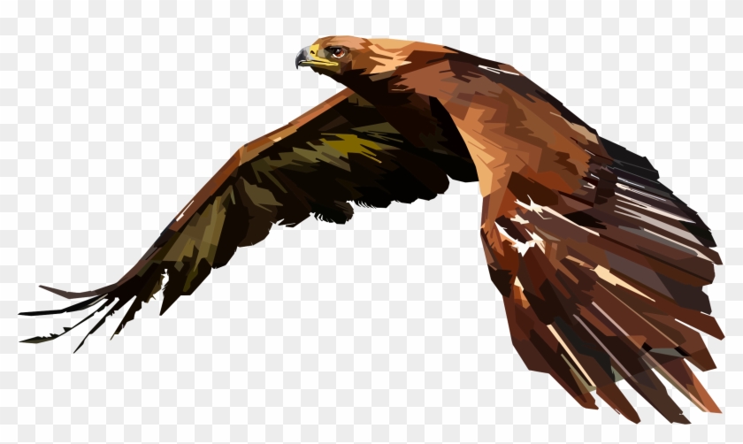A stylized digital illustration of a golden eagle in flight with outstretched wings and sharp focus on its head and talons.