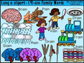 Educational clipart illustrating words ending in "-ain": brain, pain, drain, vain, train, rain, grain, stain, chain.
