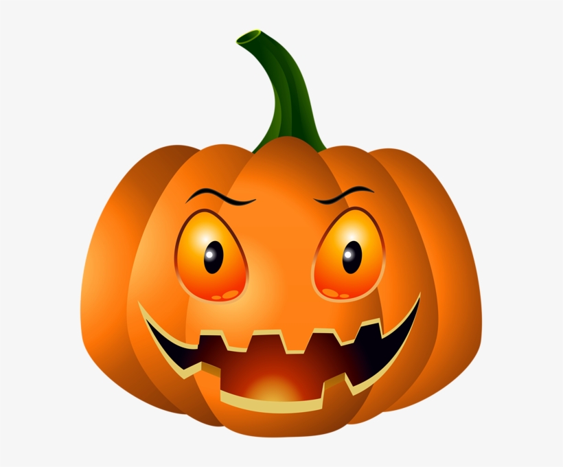 Smiling cartoon jack-o'-lantern with glowing eyes, jagged grin, and green stem on white background.
