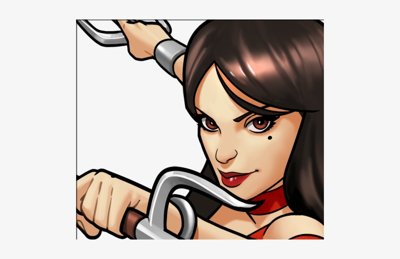 A stylized comic-book woman with dark hair and red lips wields dual sai weapons with focused intensity.