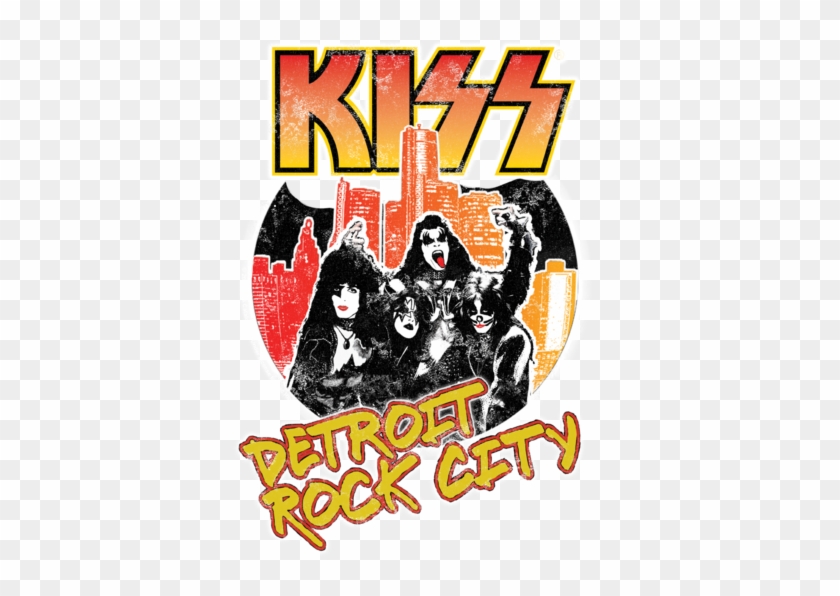 KISS band logo with "Detroit Rock City" text and city skyline backdrop featuring the four members in iconic makeup.