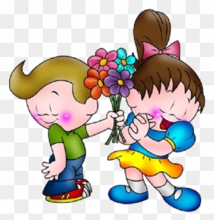 A boy gives a colorful bouquet of flowers to a blushing girl in a cartoon illustration.