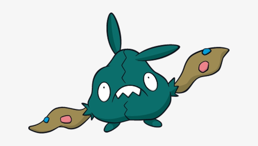 A teal, cracked Pokémon-like creature with wide eyes, sharp teeth, and two brown, spotted tails.