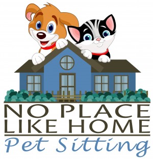 Cartoon dog and cat peeking over a blue house with "No Place Like Home Pet Sitting" text below.