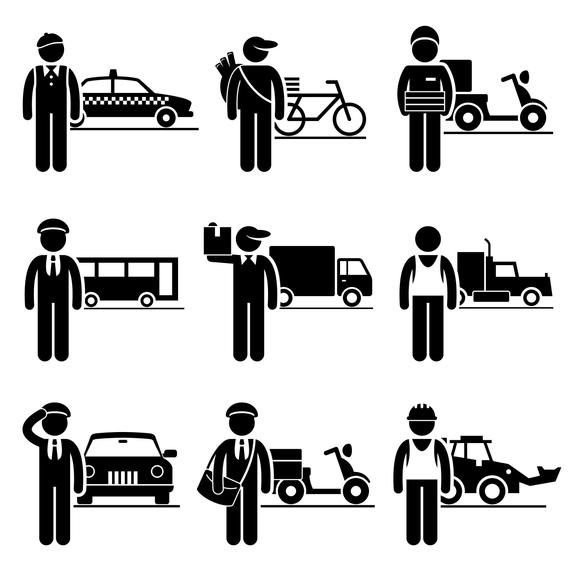 Icons depicting various transportation and delivery workers with vehicles including taxis, bikes, trucks, buses, and scooters.