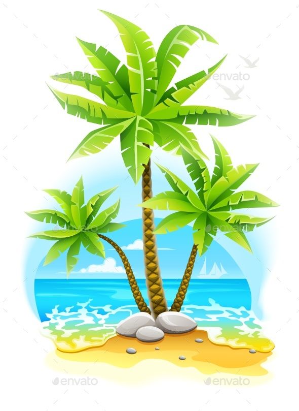 Tropical beach scene with three palm trees, sandy shore, ocean waves, and distant sailboat under a clear sky.