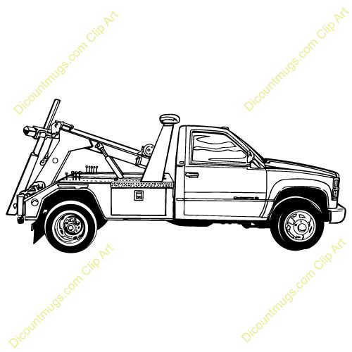 Black-and-white line drawing of a tow truck with boom and wheel-lift mechanism, side profile view.