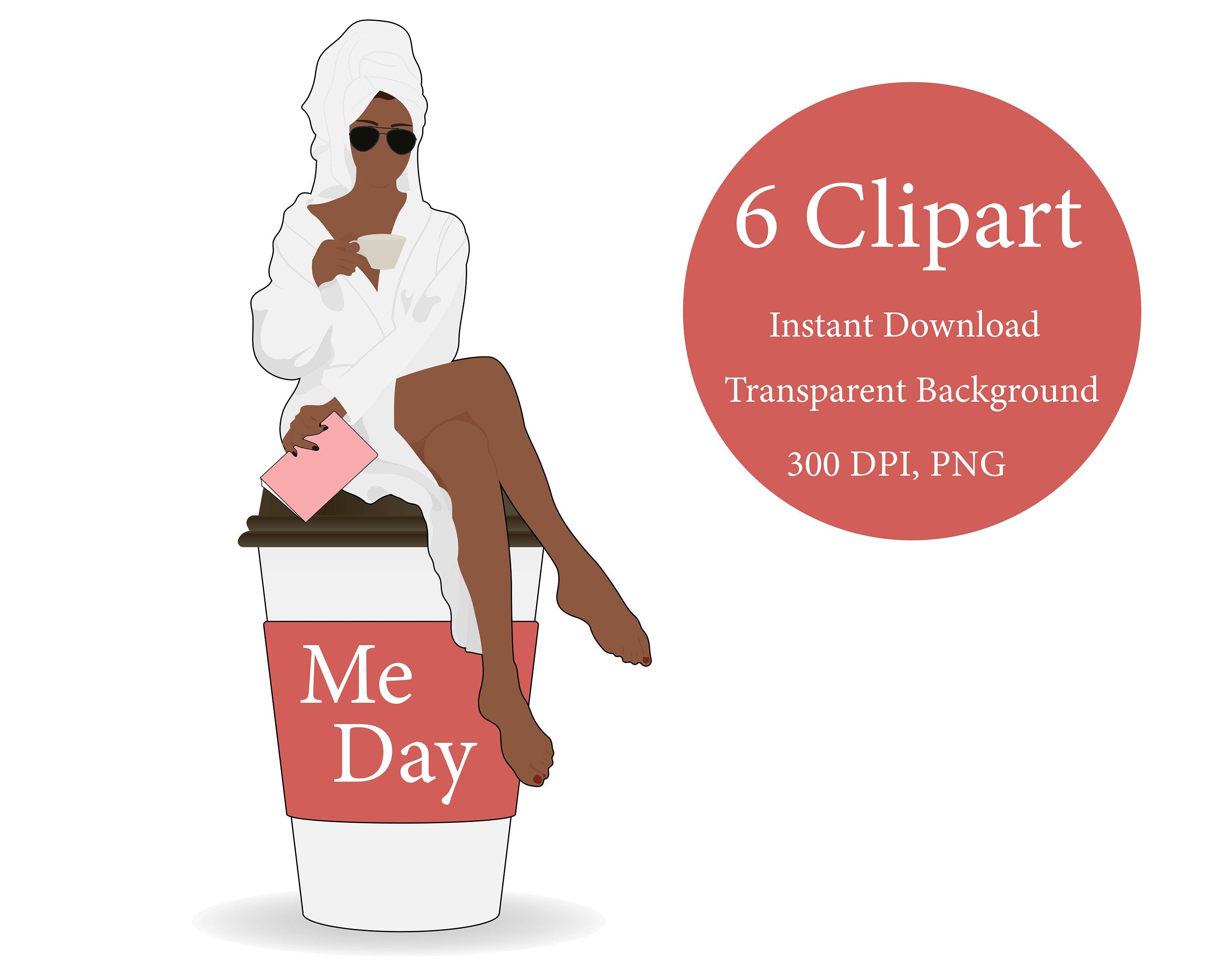 Woman in white robe and towel turban sitting on giant coffee cup labeled "Me Day", holding mug and pink notebook.