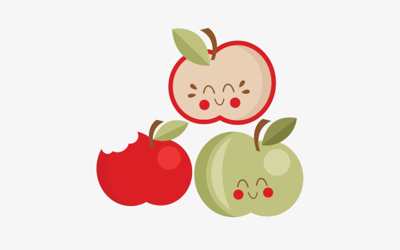 Three cheerful cartoon apples-red, green, and sliced red-with smiling faces and leaves.