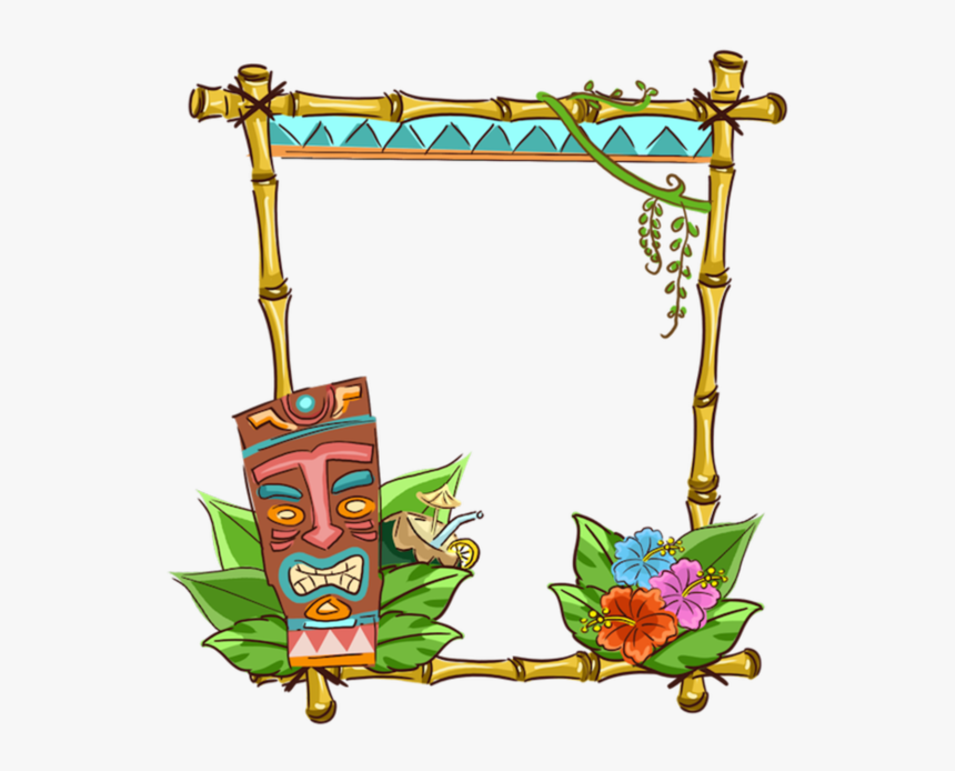 Tropical Bamboo Frame with Tiki Mask & Hibiscus Decor - Free Clipart