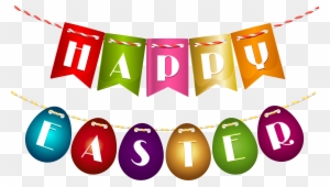 Colorful "Happy Easter" banner with lettered pennants and decorated eggs on strings.