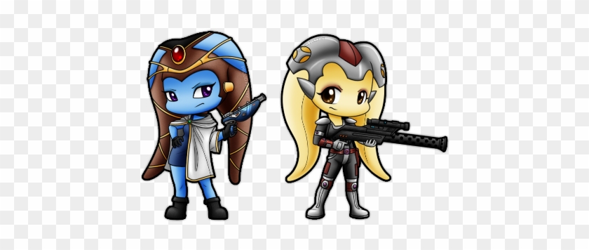 Two chibi-style sci-fi characters: a blue-skinned figure with a hooded cloak and blaster, and a blonde warrior in armor holding a rifle.