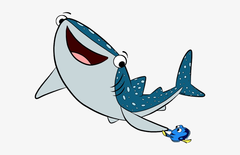 A cheerful cartoon whale shark with blue spots swims alongside a small blue fish, both smiling joyfully.