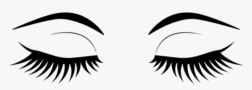 Stylized black-and-white illustration of a pair of closed eyes with long, dramatic eyelashes and arched eyebrows.