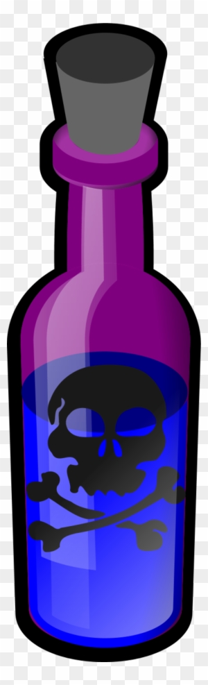Purple glass bottle with black cork, containing blue liquid and a skull-and-crossbones warning label.