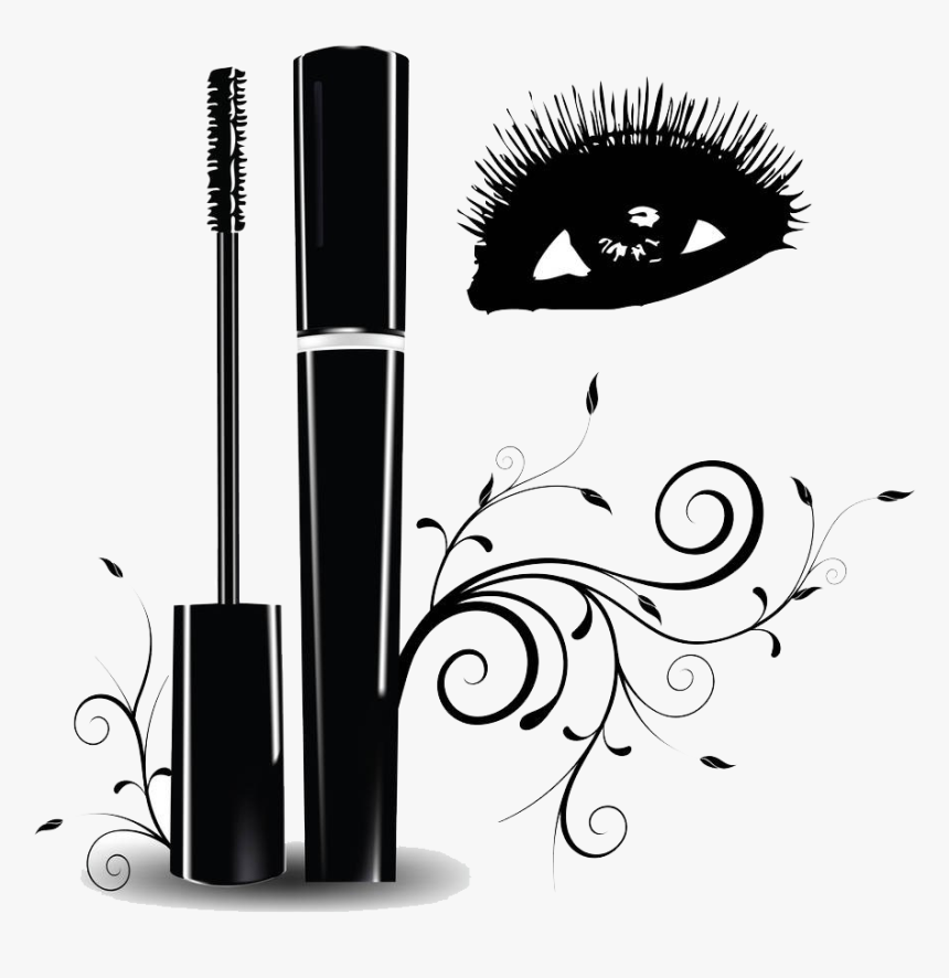 Black mascara tube and wand beside a stylized eye with dramatic lashes and decorative floral swirls.