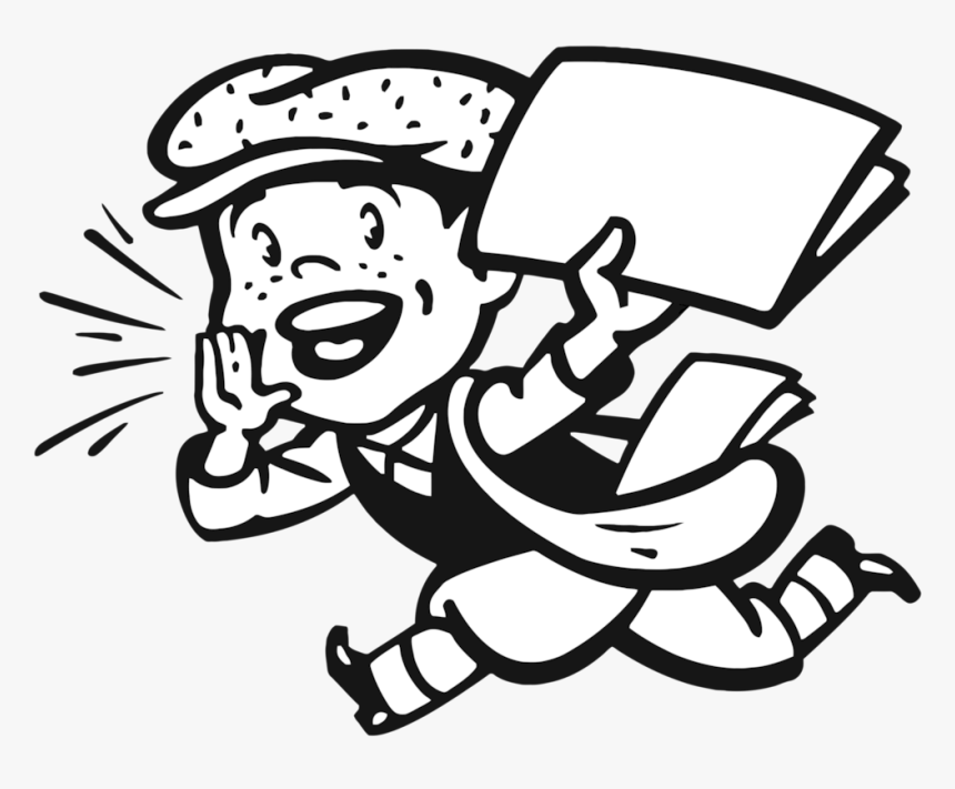 Black-and-white cartoon of a smiling newsboy running, shouting into cupped hands while holding newspapers.