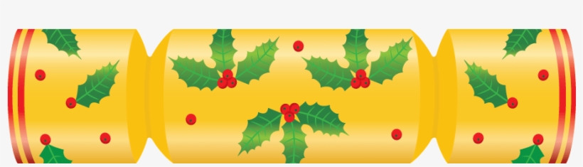 Yellow Christmas cracker decorated with green holly leaves and red berries, festive holiday design.