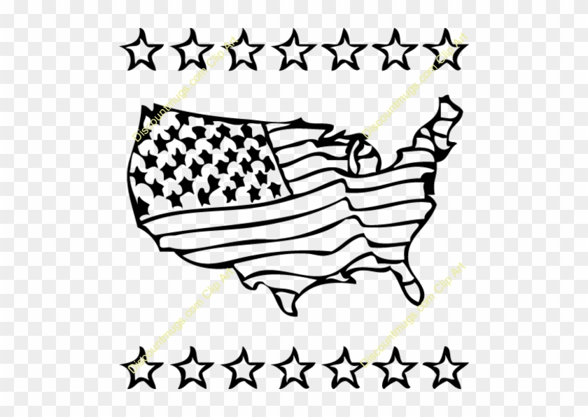 Black-and-white line art of the USA map filled with American flag pattern, framed by two rows of stars.