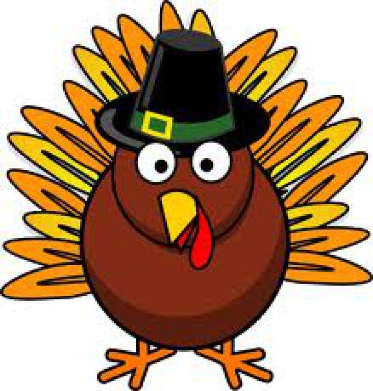 Cartoon turkey wearing a Pilgrim hat with orange and yellow tail feathers.