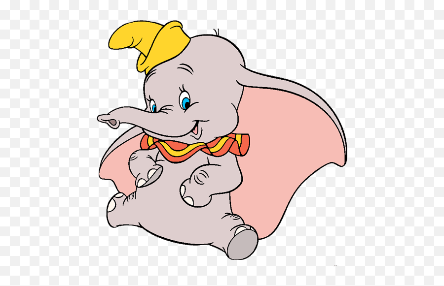 Dumbo the flying elephant wearing a yellow hat and red-orange scarf, mid-flight with joyful expression.