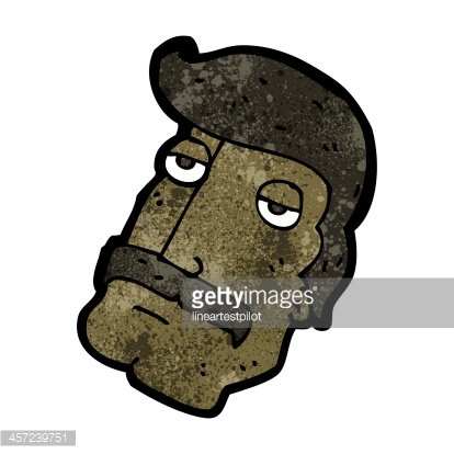 Cartoon-style stone Moai head with tired eyes and grungy texture, stylized in vintage comic art.