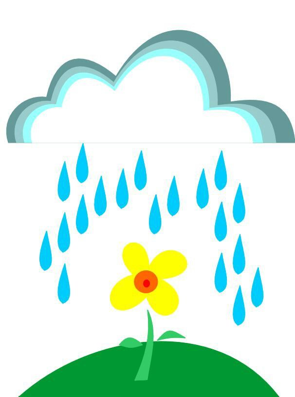 A stylized cloud raining blue drops onto a yellow flower growing from green ground.