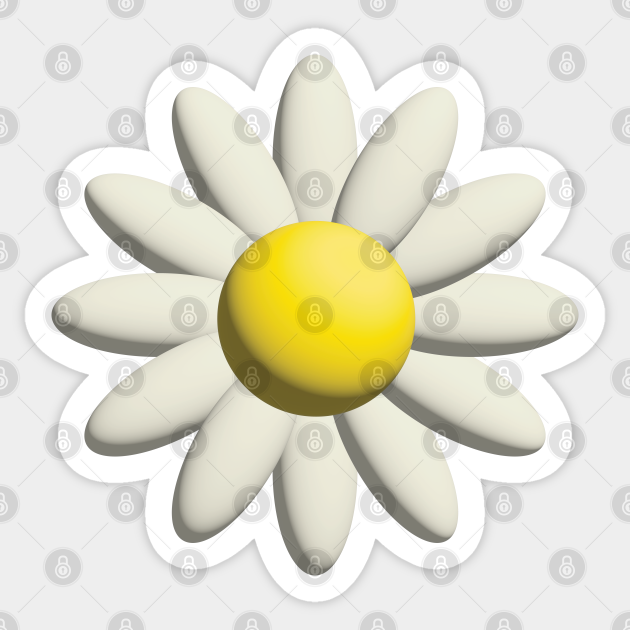 3D-rendered white daisy with yellow center and scalloped white border on light gray background.
