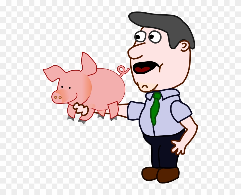 Cartoon man in shirt and tie holding a small pink pig with surprised expression.
