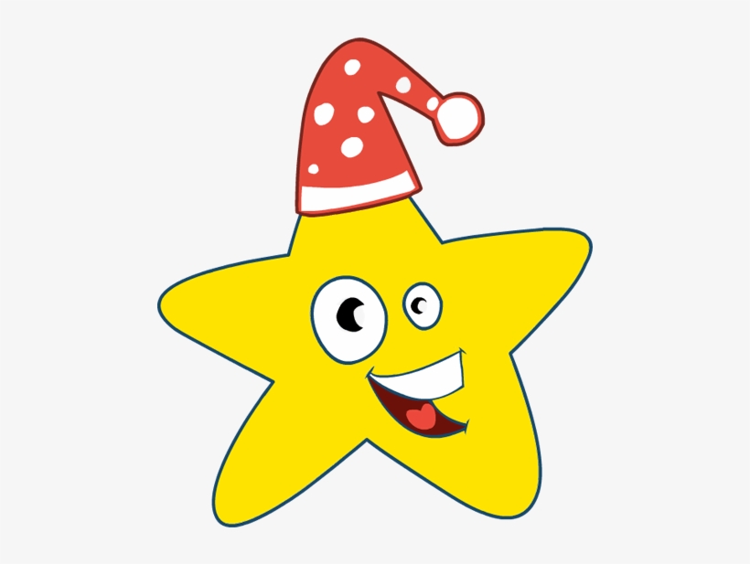 Cheerful yellow star wearing a red polka-dot Santa hat, smiling with wide eyes and open mouth.