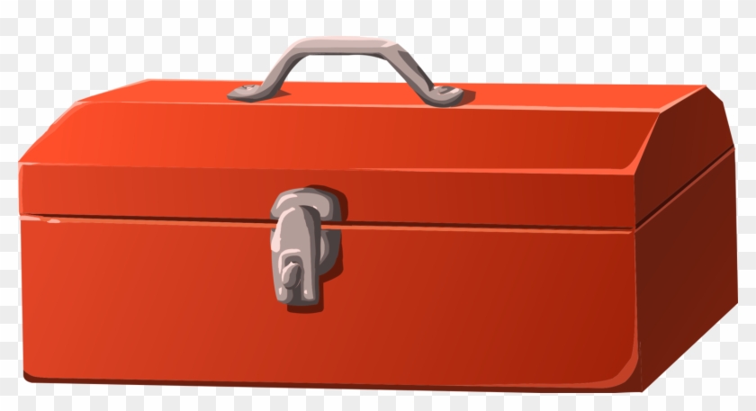Red metal toolbox with gray handle and latch, closed and isolated on transparent background.